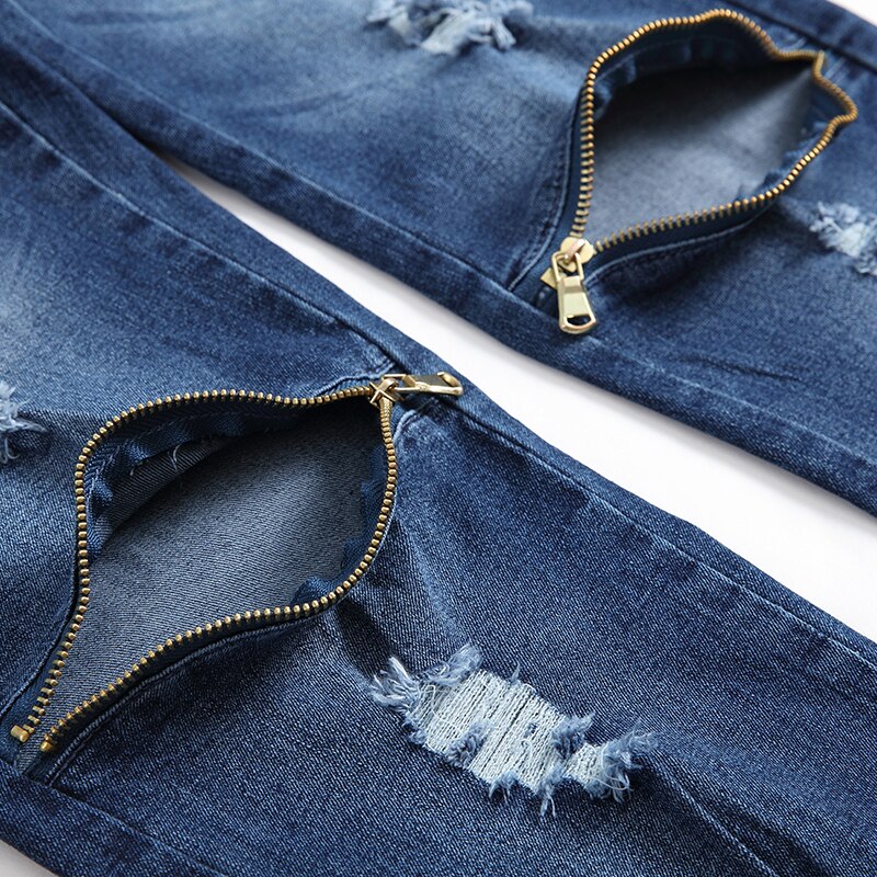 Men Straight Dark Blue Street Trendy Men's Jeans Ripped Jeans Printed Ripped Cotton Jeans