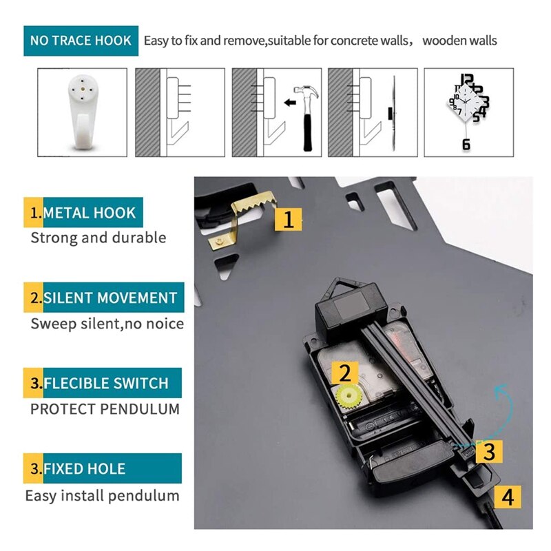 Large Wall Clocks for Living Room Decor Silent Pendulum Wall Clocks Battery Operated Non-Ticking for Home Decorative