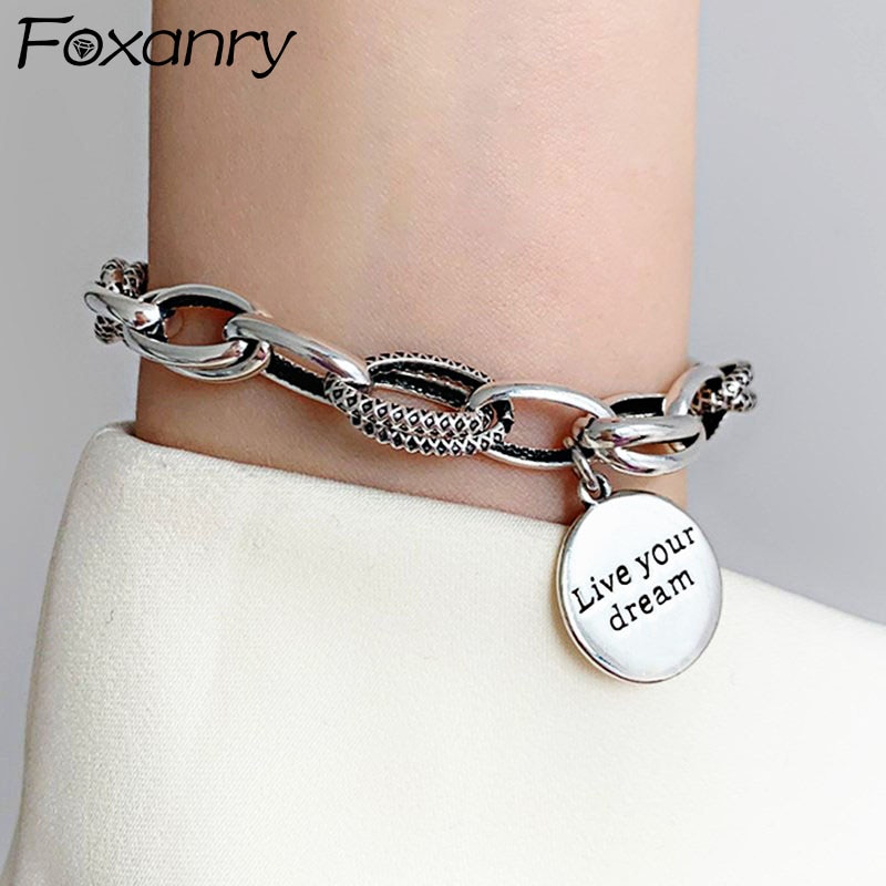 Foxanry 925 Stempel Dikke Ketting Charm Armband Voor Vrouwen Vintage Engels Brief Ronde Tag Thai Zilveren Bruid Sieraden