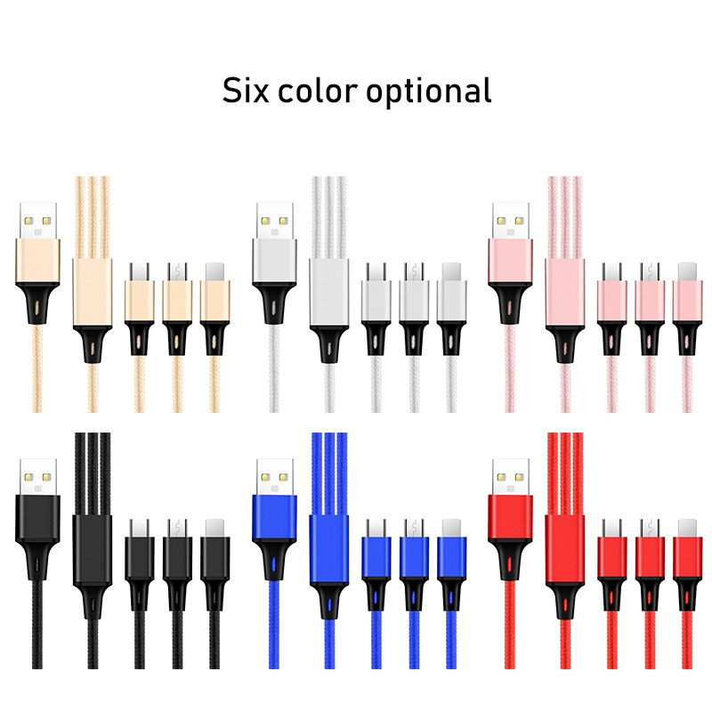 3 in1 2.4A USB Type C Fast Charging Data Cable One For Three Apply To Android Apple Type-C Smartphone 1.2m Nylon Braided Wire