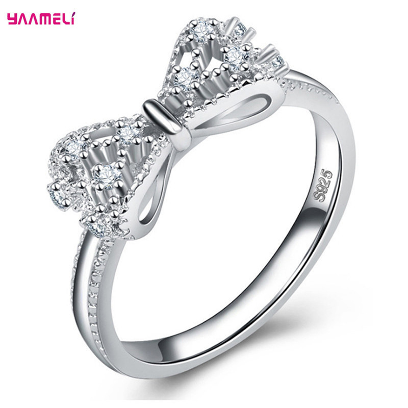 Anillos de boda de plata esterlina 925 con de lazo con cristales cúbicos AAA brillantes para mujer, joyas, anillos de compromiso a la