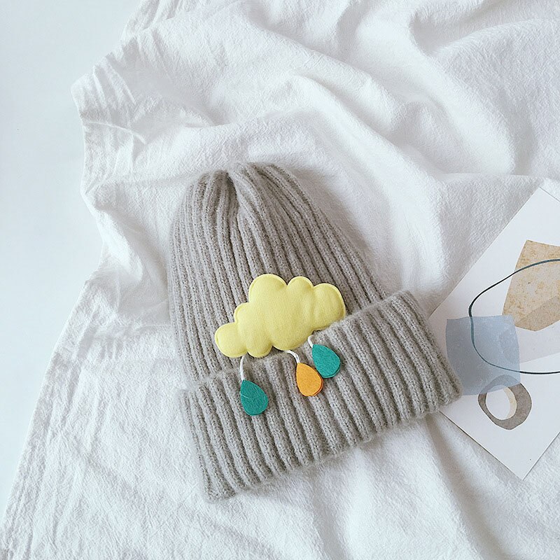 Herfst winter baby mutsen kinderen jongens meisjes mooie wolken gebreide muts effen kleur warme mutsen: Grijs