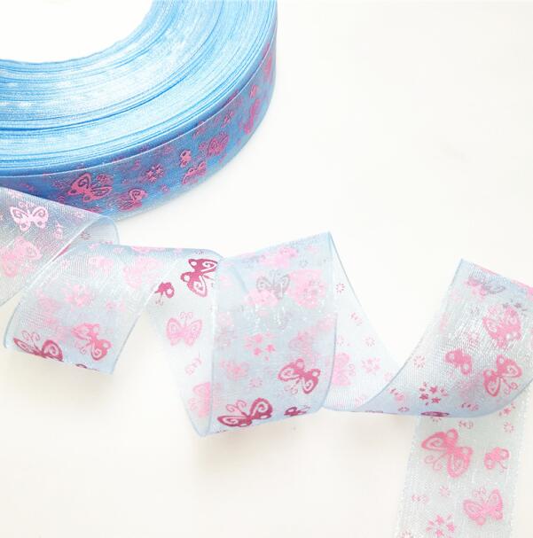 5 meters/partij 25mm Cartoon Vlinder Linten Gedrukt Organza Lint Tape voor Handwerken DIY cadeaupapier Decoratie: BLUE