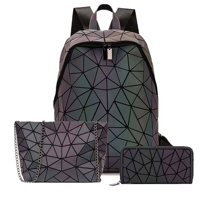 DIOMO lumineux irrégulier Triangle grande capacité école voyage sac à dos pour les femmes sac à dos femme ordinateur portable sac à dos coréen: 3pcs Luminous