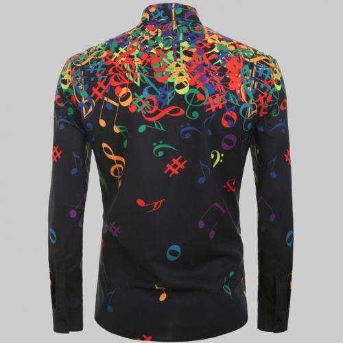 Casual Men Autumn Musical Symbols Print Long Sleeve Buttons Down Slim Shirt: Black / S