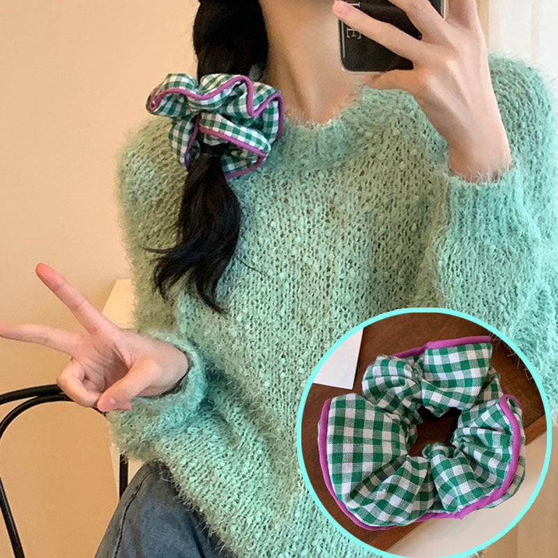 Retro Colorful Lattice Ruffles Hair Scrunchies Headbands for Women Girls Sweet Romantic Hair Rope Rubber Band Hair Accessories