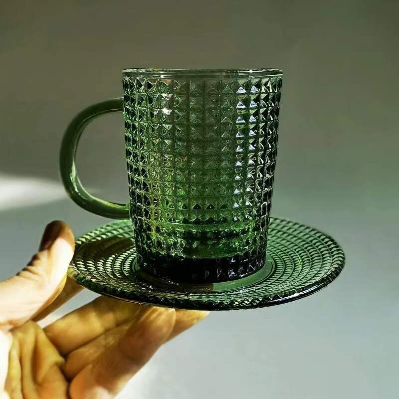 Tasse à café et soucoupe Vintage en verre gaufré de 250ml, verres à vin vert foncé, tasse à thé rétro, verres pour Bar à la maison, assiette ronde