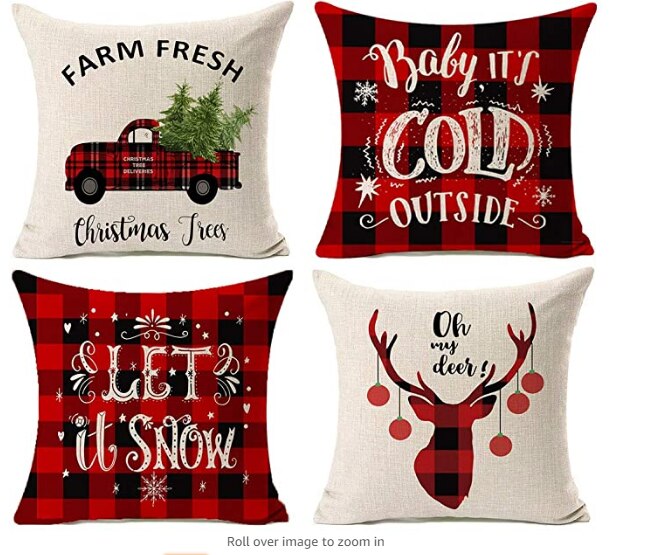 Kithomer Set of 4 Christmas Decorations Pillow Covers Christmas Buffalo Plaid Farmhouse Decor Throw Pillow Cases Retro Truck Cus
