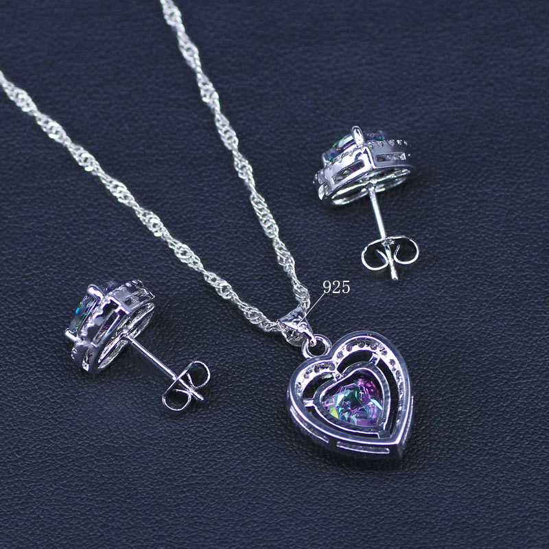 Heart Silver Color Jewelry Set Rainbow Zircon White CZ Jewelry Sets For Women Wedding Necklace/Earrings/Pendant/Ring