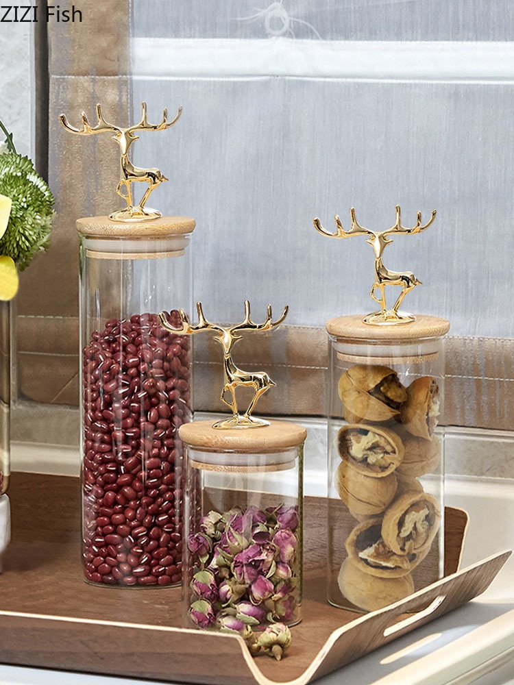 Contenedor de té europeo, sencillo, ciervo dorado, vidrio decorativo, especias, bote frasco para almacenar dulces con tapa de madera, latas de granos de té Caddy