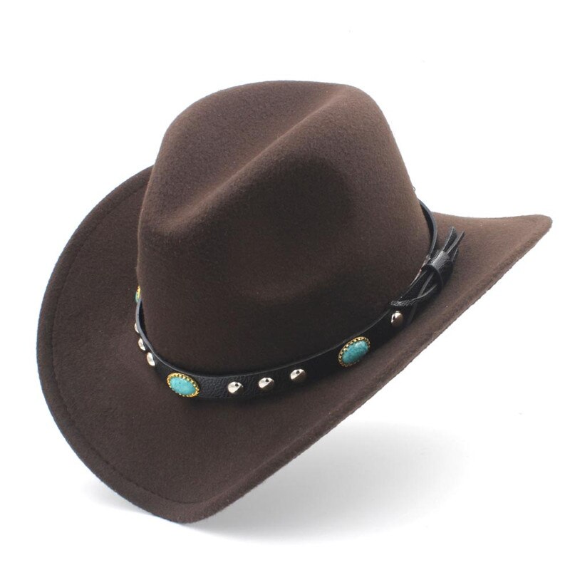 LUCKYLIANJI Wool Felt Western Cowboy Hat For Kid Child Wide Brim Cowgirl Kallaite Braid Leather Band (Size:54cm,Adjust Rope): Brown