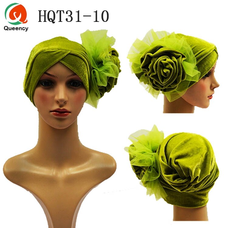 HQT31 Turban Nigeria cravate dames velours Tuban Gele casque musulman arabe Bonnet fleur chapeau pour mariage et fête: lemon