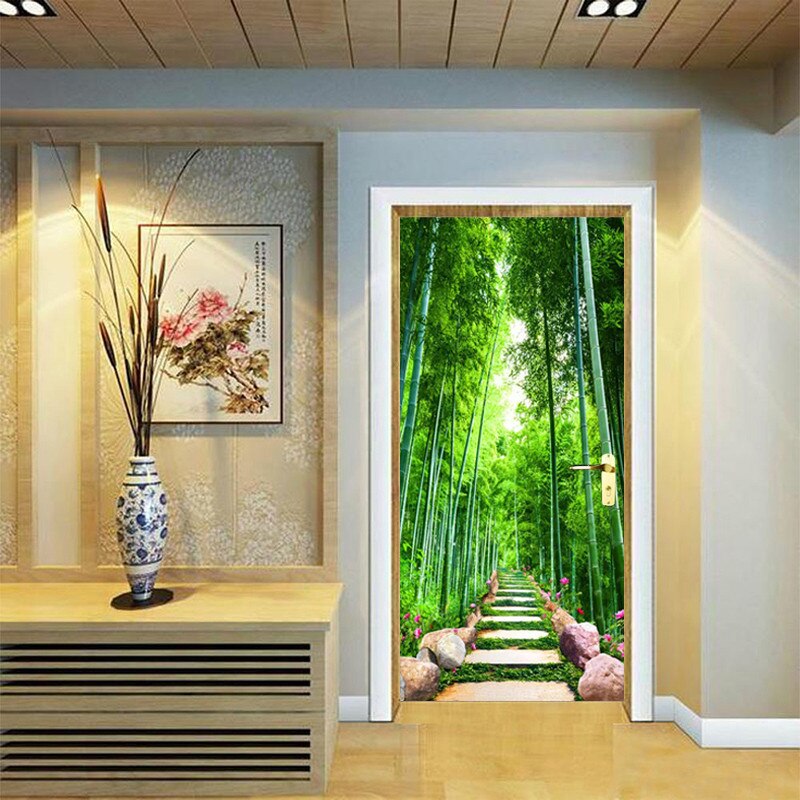 Door Sticker Green Forest Nature Landscape Living Room Bedroom Wallpaper Pvc Self-Adhesive Home Decor Door Decals Wall Stickers