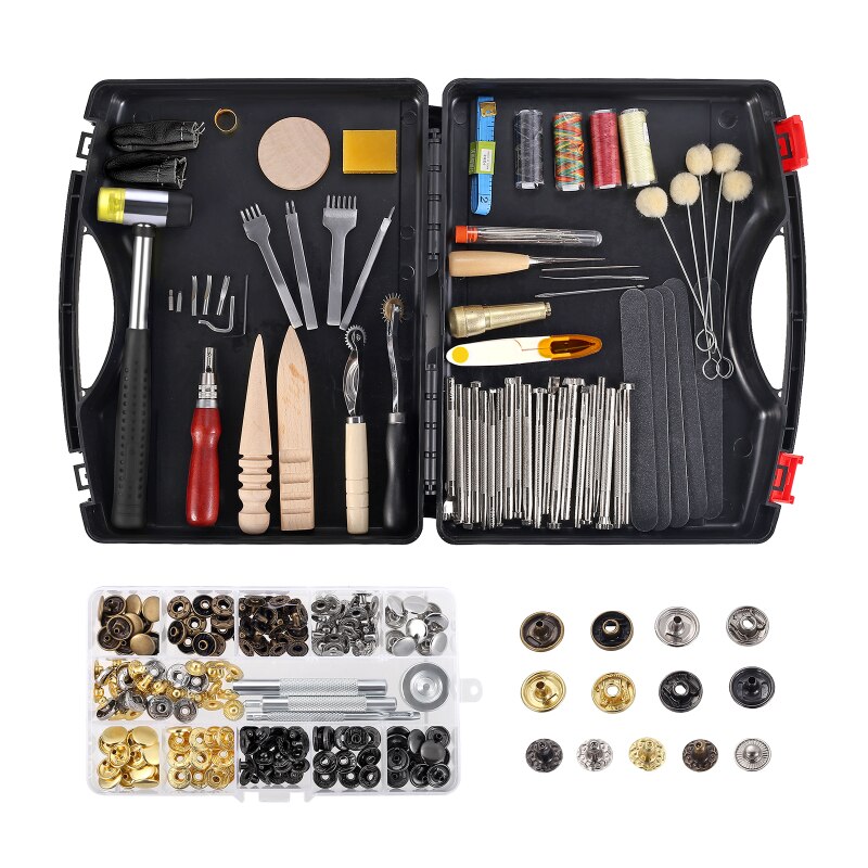 128 Pcs Leather Work Tool Kit Leathercraft and Supplies with Leather Stamping Tools Rivets Kit Prong Punch for Leather Crafting