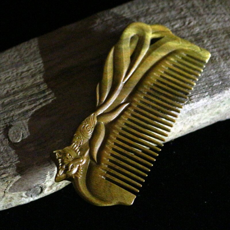 Artisanat chinois Portable renard Double face sculpté bois peigne cheveux vert santal peigne en bois naturel peigne pour fille: Default Title