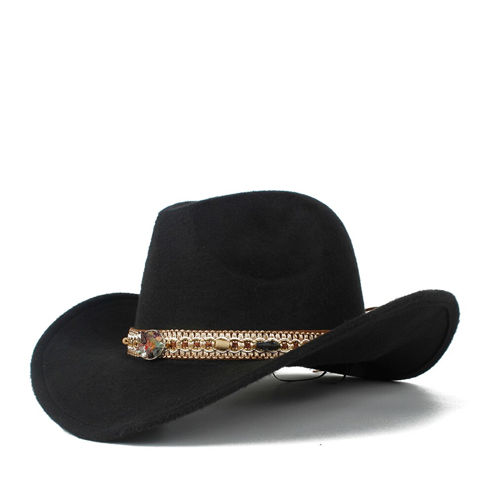 Sombrero de lana ahuecado para hombres y mujeres, Sombrero de cowboy del Oeste, ala enrollable para mujer, Sombrero negro para Hombre, gorra de Jazz, talla 56-58: Black