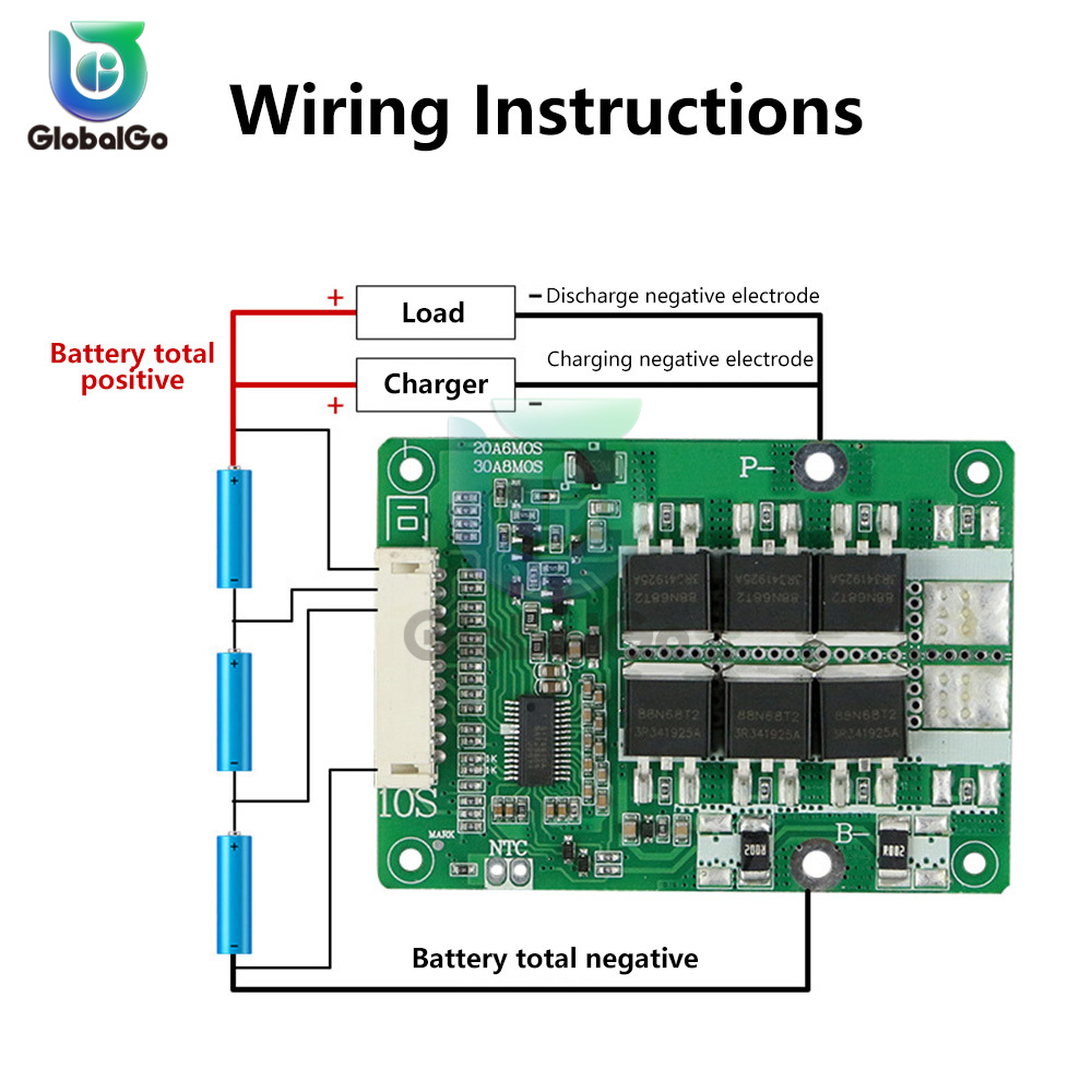 BMS 10S 36V 20A 18650 Batterijlaadbordbalans egaliseren PCM-kortsluitbeveiliging