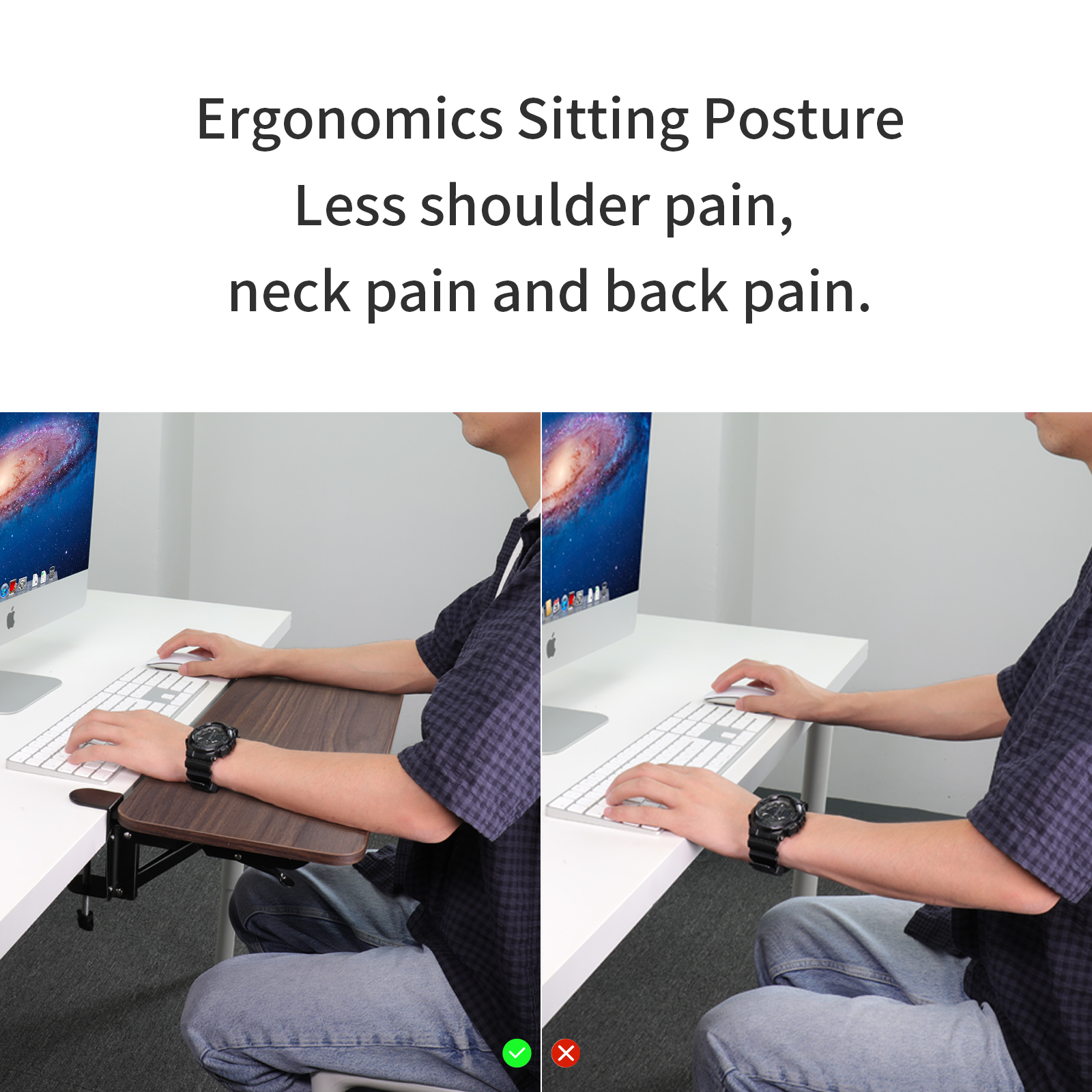 Walnut Wooden Desk Extender Ergonomic Large Space Foldable Structure Clamp- On Keyboard Tray Elbow Arm Support for Desk