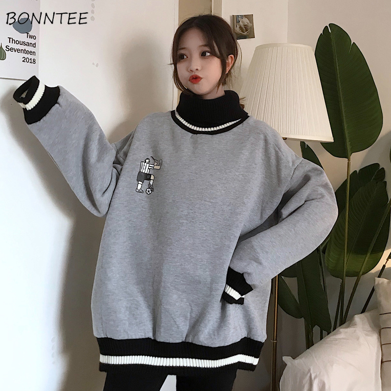 Sudaderas con capucha para mujer, con cuello alto holgado de gran tamaño, estampado a rayas, terciopelo grueso, de manga larga, con capucha para mujer, estilo informal coreano
