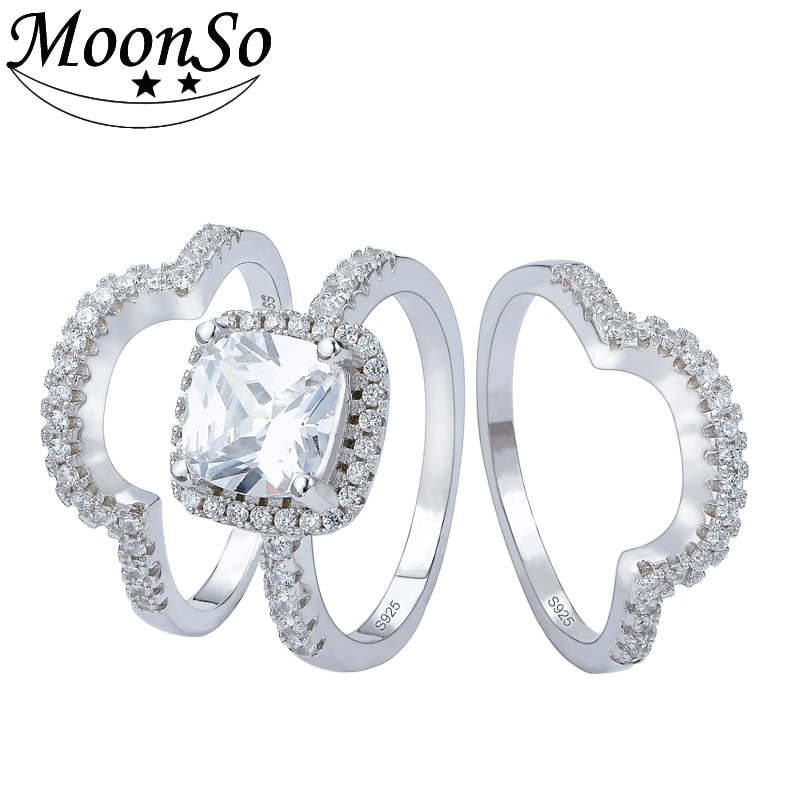 Luxury 3 pcs 3 in 1 925 sterling Silver Ring cushion Engagement Wedding Ring set for Women bridal jewelry R4308