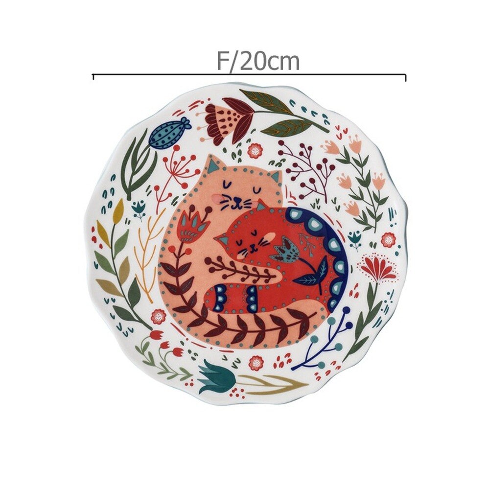 8 inch Hand-painted Cat Dinner Plate Under-glazed Ceramic Dinner Dishes Dessert Tray Flower Kitten Dinnerware Microwave Safe