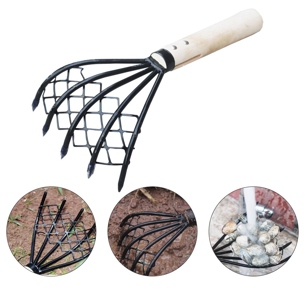 Clam Rake With Net Dig Seafood Conch 5 Claw Clam Rake Home Weeding Farming Tool Wood Handle Pitchfork 5-Tine Shell Digging Tool