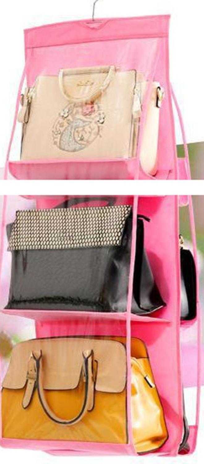 6 Pocket Foldable Hanging Bag 3 Layers Folding Shelf Bag Purse Handbag Organizer Door Sundry Pocket Hanger Storage Closet Hanger: Pink