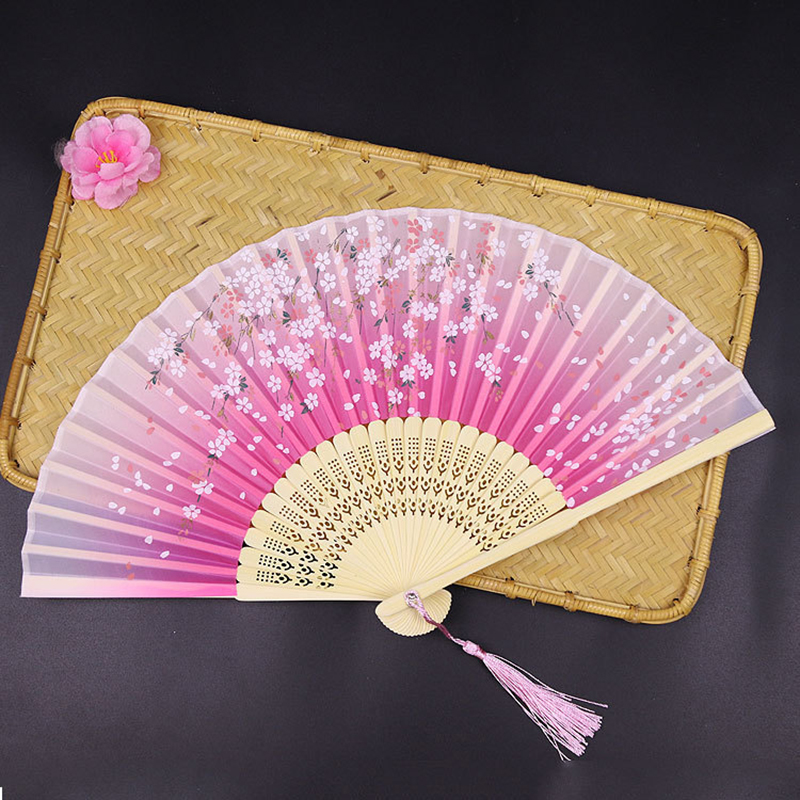 Abanico plegable de estilo Vintage, flor de seda de madera de bambú, Rosa Artificial, japonés, chino, , boda, chica, hombre, baile, decorar el hogar: F