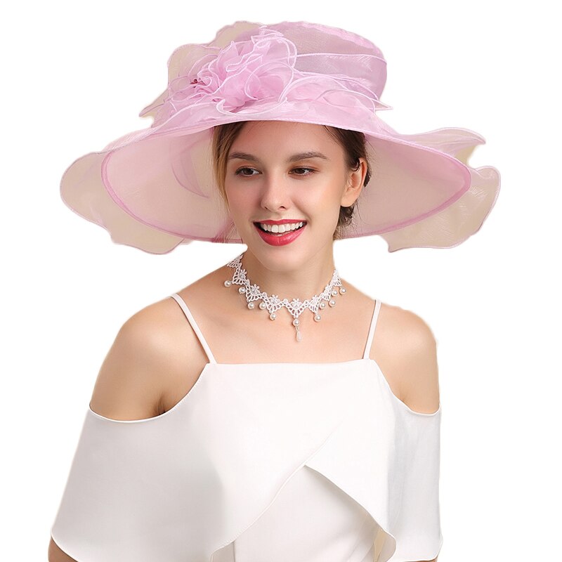 Sombreros para Misa de verano, sombrero Fedora rosa de ala ancha para mujer, sombreros plegables elegantes con flores grandes Vintage: Default Title