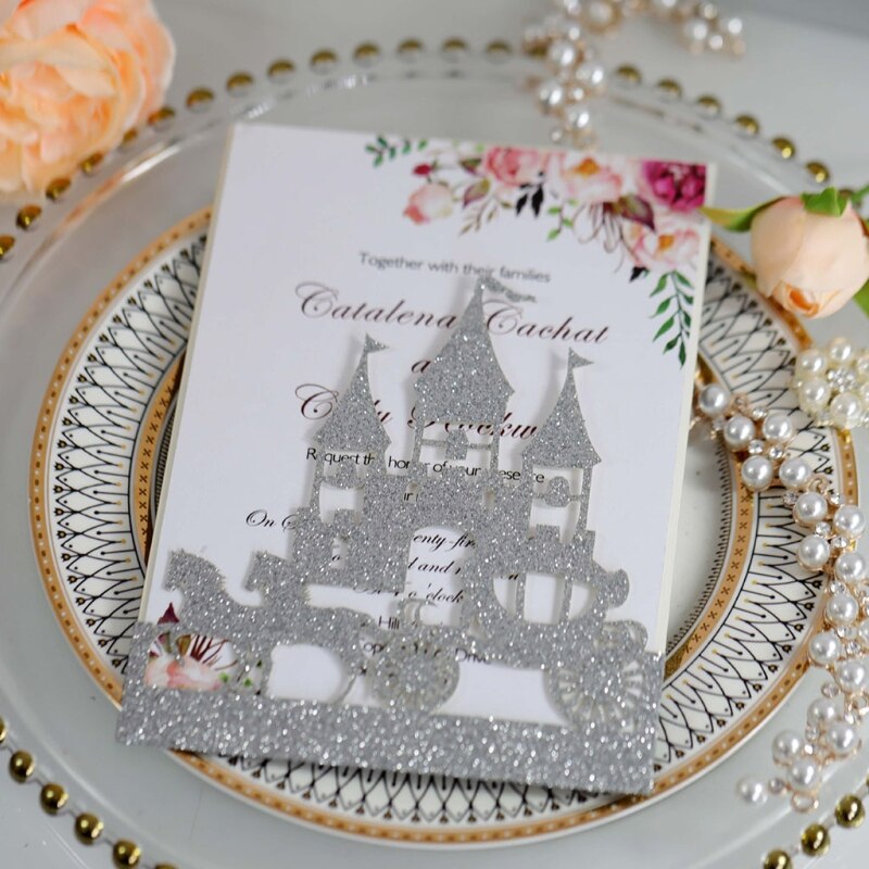 20x Wedding Invitations Card Glitter Hollow Castle Invite Envelope Bridal Shower 28GF
