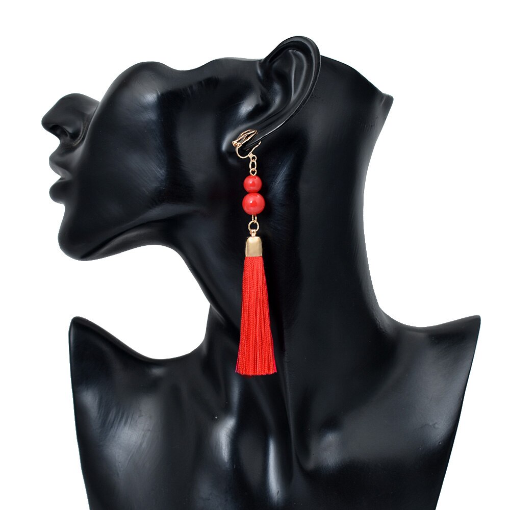 Non Pierced Cotton Silk Tassel Earrings Ear Cuff Earring Bohemia Long Ear Clip Earing Indian Ethnic Jewelry joyas: red earing