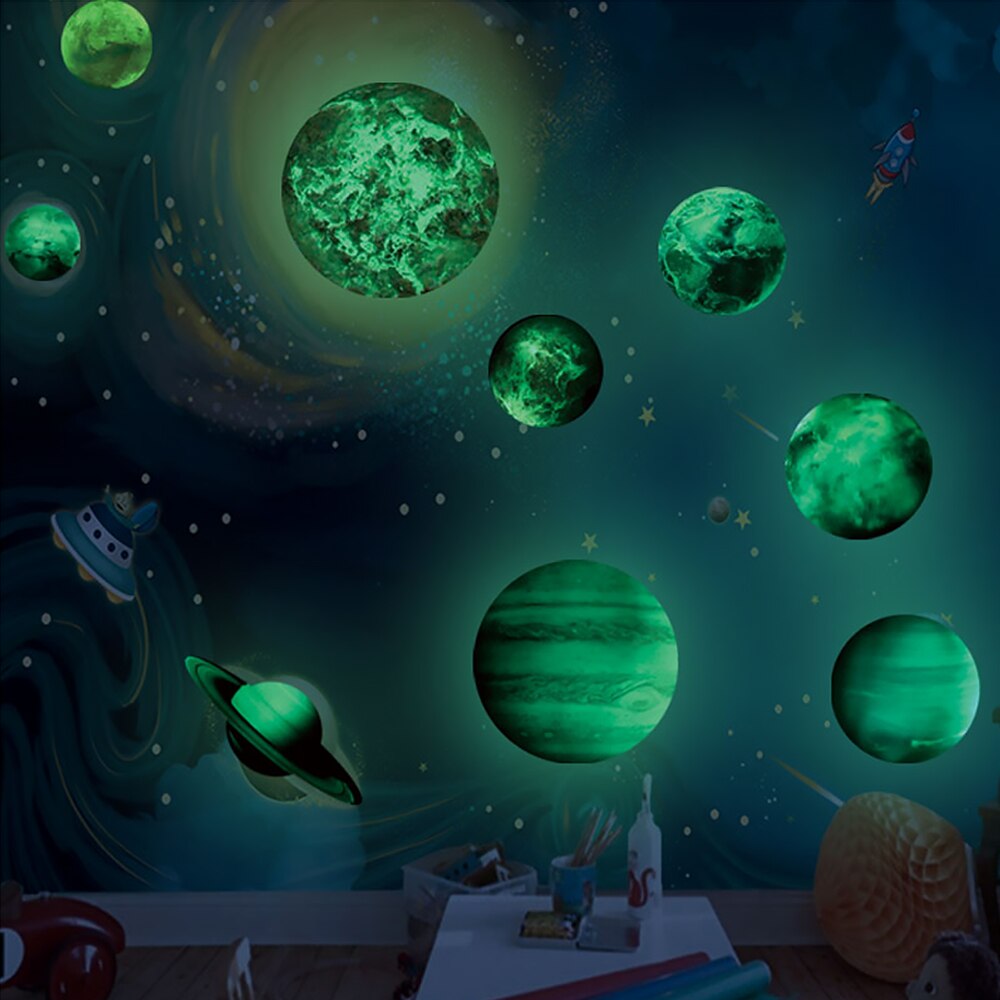 Luminous Planets PVC Wall Stickers Glow In Dark Ten Planets Bedroom Wall Decal DIY 3D Wall Sticker For Kids Room Bedroom