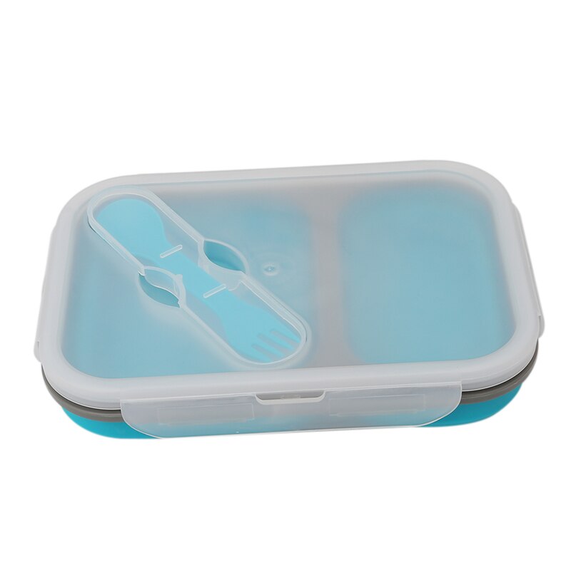 2 cellen Silicone Inklapbare Draagbare Bento Box 900ml Magnetron Kom Vouwen Voedsel Opslag Lunch Container Servies Set: Blauw