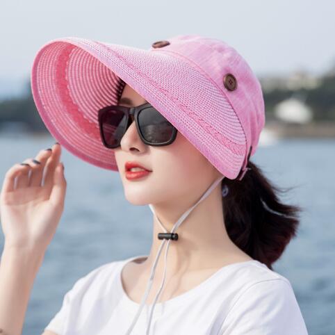 Solhatte kvinder stor bred skygge floppy sommer strand solhat kasket knap stråhat sommerhatte til kvinder anti-uv visir: Farve 8