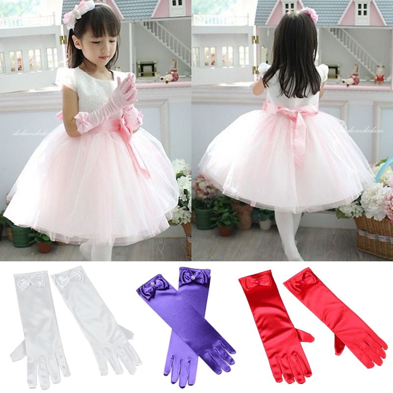 Girl Opera Party Bow Long Gloves Performance Dance Dress Gloves Stretch Satin Summer Sun Protection Gloves Party Accessories