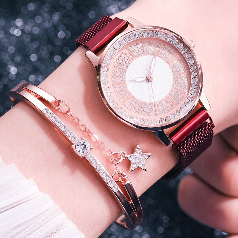 Dames leren sporthorloges quartzhorloges dames polshorloge dameshorloge met strass en armband: Magneet rode set