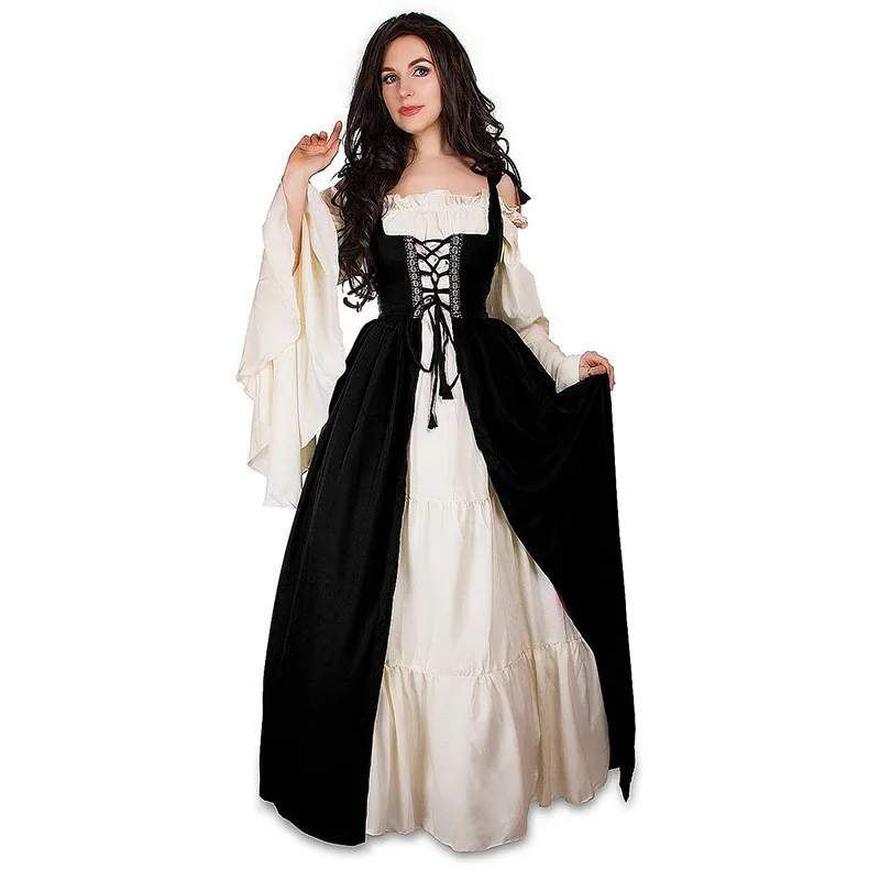 Robe medieval de halloween femme renascentista gótico longue maxi retro robe vitoriano rendas robe de bal paty grande taille: M / Preto