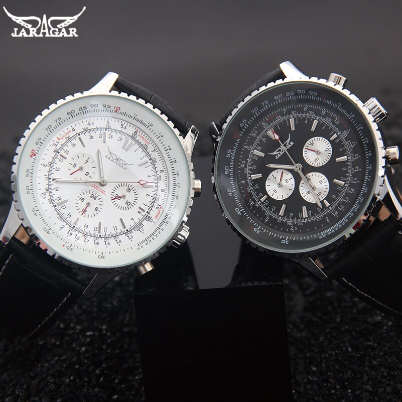 Jaragar Luxe Top Mannen Mechanische Horloges Automatische 6 Handen Lederen Band Horloges Big Dial Voor Man Horloges