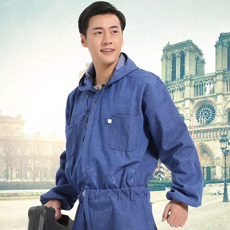 Mannen Werkkleding Lange Mouwen Denim Overall Stofdicht Kleding Hooded Overalls Werknemer Reparateur Machine Auto Reparatie Uniformen
