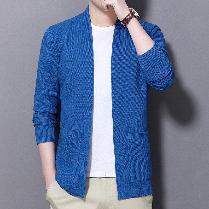 Homme chandail tricoté hommes Cardigan veste beau mince couleur unie chandails: Bleu / M