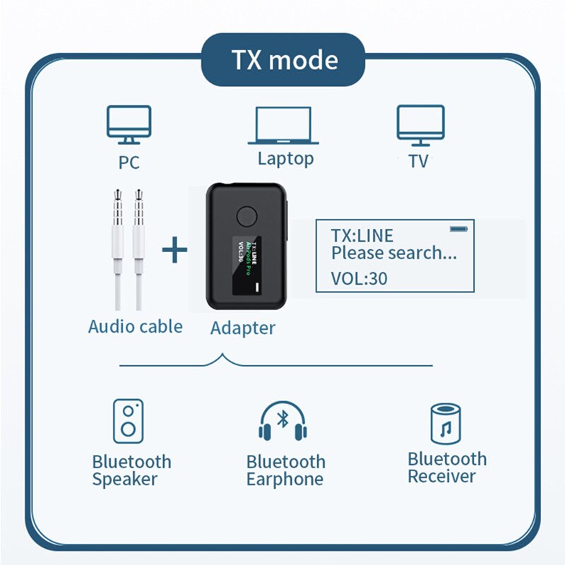 2- i -1 bluetooth 5.0 sender modtager oled skærm bluetooth adapter til tv / bil / hjem intelligent støjreducerende adapter