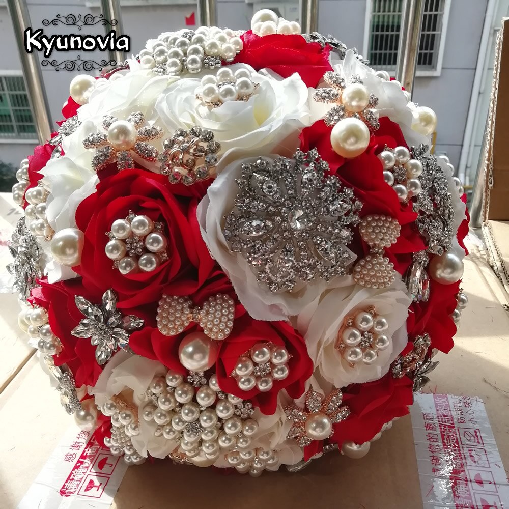 Kyunovia Kleuren Luxe Crystal Broche Boeket Kunstbloemen Boeket Steentjes 25Cm Grote Bruid Bruiloft Boeket GC11: Red