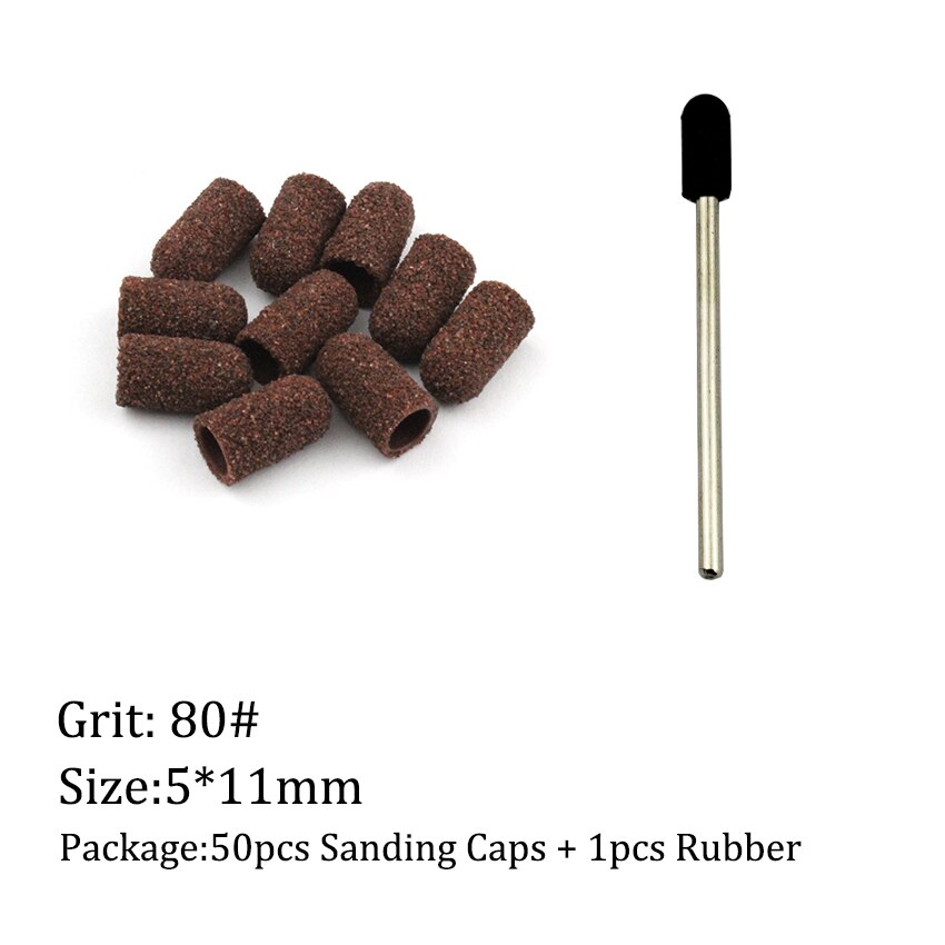 50 stk/sæt 80#  korn negle slibehætter gummi greb pedicure polering sand blok elektrisk bore tilbehør bit manicure værktøj: 5mm-80
