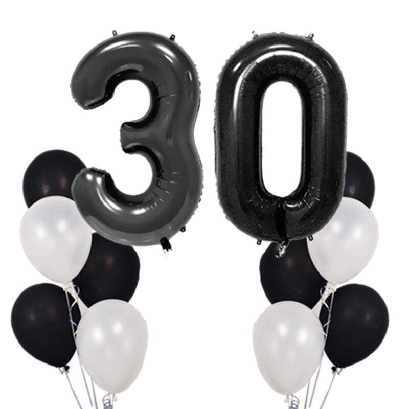 12 stks/partij 40inch Zwart Nummer 30 Digit Ballonnen Folie Helium Ballon 30th Jaar Oud Verjaardag Party Opblaasbare 10" latex Globos