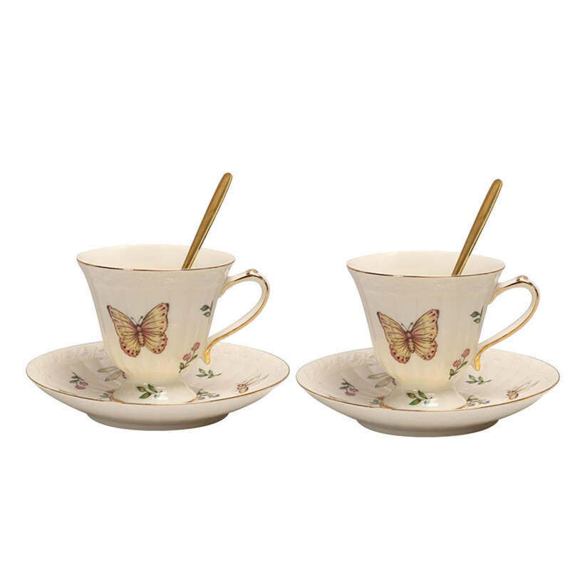 Butterfly Insect Pattern Coffee Set Europe Porcelain Tea Set 800ml Bone China Pot Ceramic Cup and Saucer Retro Luxury: 2 Cups 2 Saucers