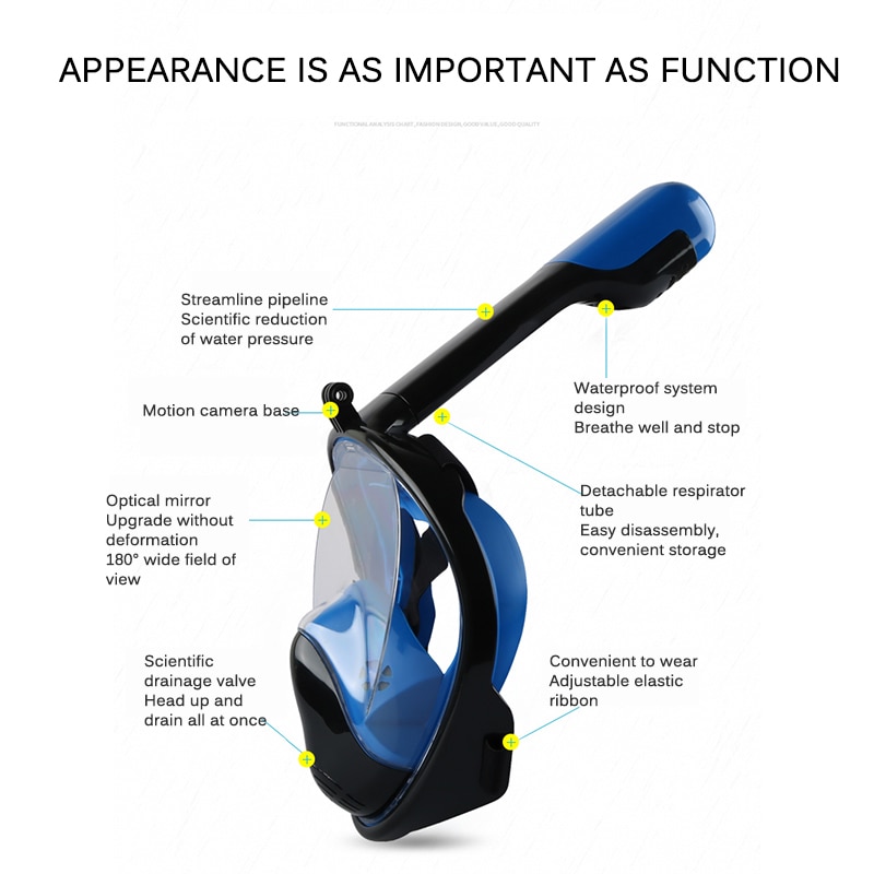 Máscara de buceo de cara completa Gafas Anti niebla con montura de cámara bajo el agua máscara de natación Snorkel de vista amplia para adultos jóvenes