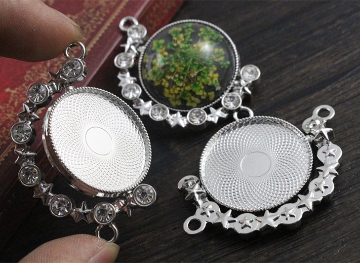 5pcs 25mm Inner Size Rotation Double Side Rhodium Gun Black Color Rhinestones Cameo Cabochon Base Setting Pendant