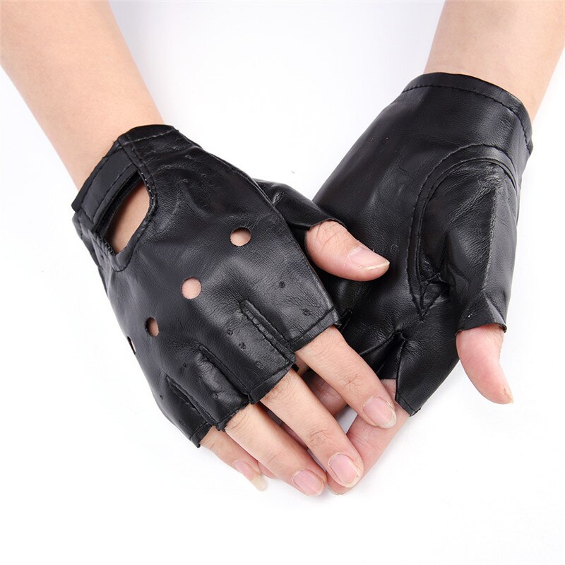 1 par de mitones de cuero sin dedos de PU negros para mujer, medio guantes de conducir dedo para mujer