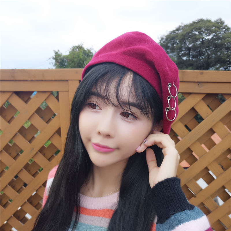 Boina, boina de artista francés, gorros de invierno con anillo, gorro de lana para mujer, gorro de esquí, gorros sólidos, sombreros de niña cálidos y dulces: M204 Circle Wine Red