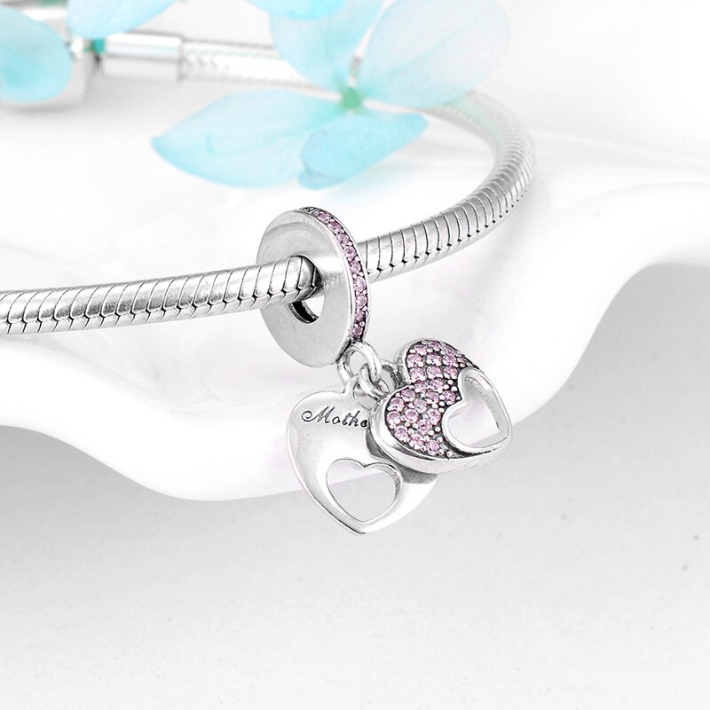 murmeln Schild 925 Sterling Silber Herz bilden mit Rosa Zirkon Anhänger passen Original Europäischen Charme Armbinde Schmuck Machen
